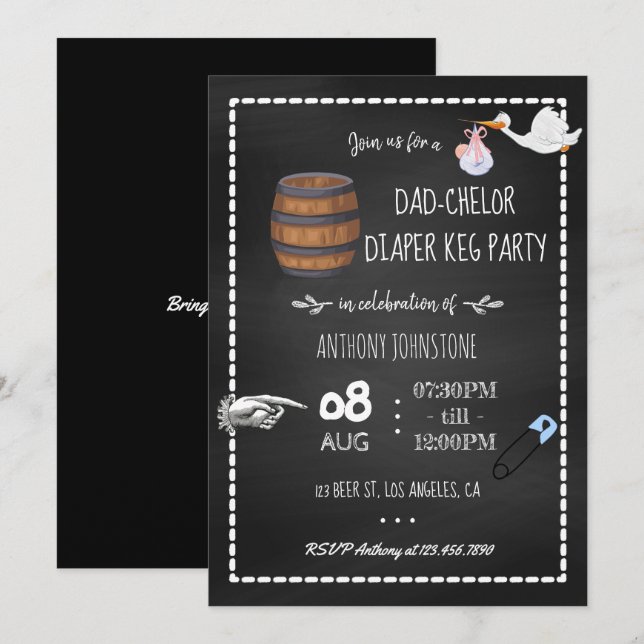 Convites Chalkboard de Festa de Chopp de Revelação do Pai (Frente/Verso)