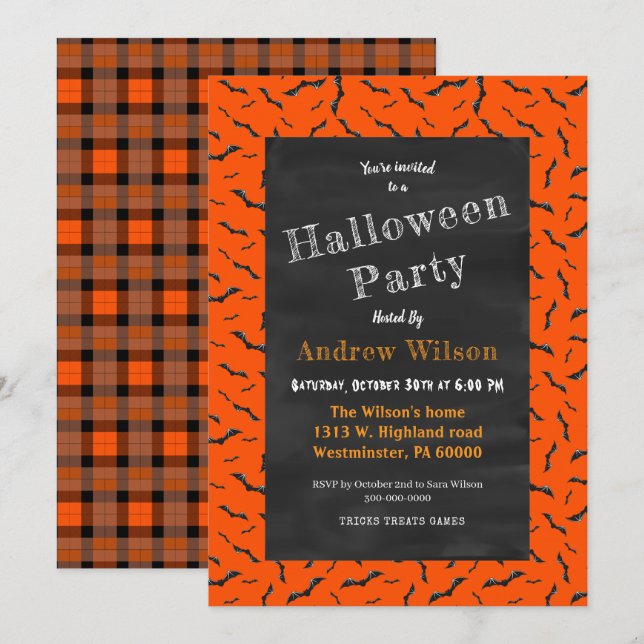 Convites Chalkboard de Halloween (Frente/Verso)
