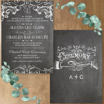 Convites Chalkboard Die Cut Vintage Typography<br><div class="desc">Old Fashioned Victorian English Cottagecore Rustic Luxe Folksy Chalkboard Wedding design with a vintage border element that is unique and sure to get plenty of compliments from your guests. Two sweetly romantic hand drawn hearts intersecting symbolize your forever love and the two become one in holy matrimony. Text dividers and...</div>