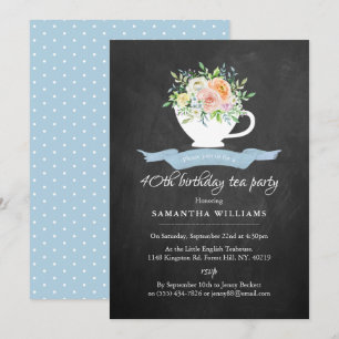 Convites Chalkboard Floral Teacup Birthday Tea Party