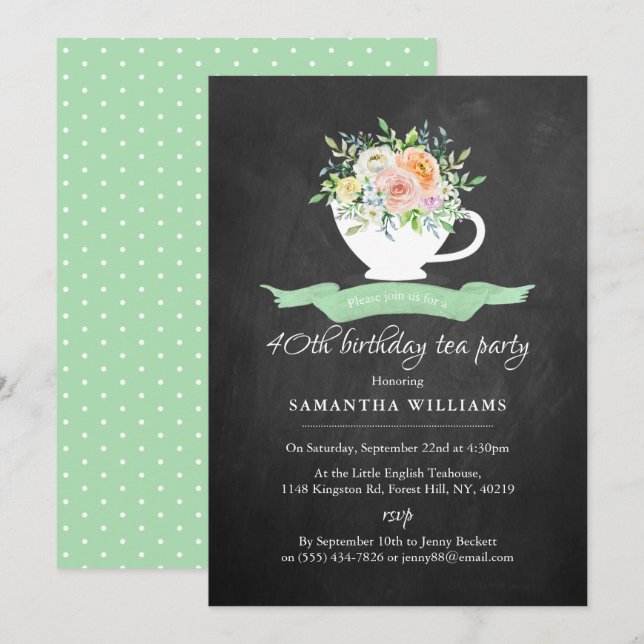 Convites Chalkboard Floral Teacup Birthday Tea Party (Frente/Verso)
