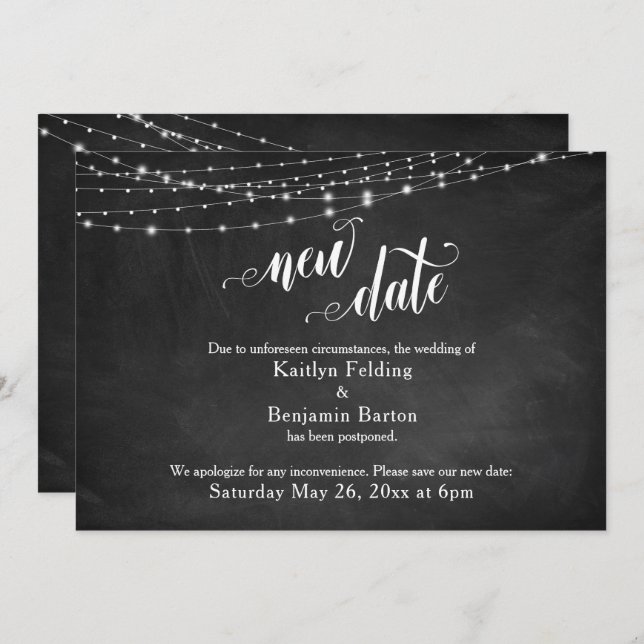 Convites Chalkboard & Lights Adiaram "New Date" de Casament (Frente/Verso)