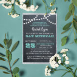 Convites Chalkboard Lights Teal Silver Border Bat Mitzvah<br><div class="desc">Estes convites casuais de chic são perfeitos para qualquer celebração de Bat Mitzvah. Cada linha de texto é perfeitamente personalizável para dizer exatamente o que você quer! Faux divisa com brilho prateado.</div>