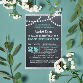 Convites Chalkboard Lights Teal Silver Border Bat Mitzvah