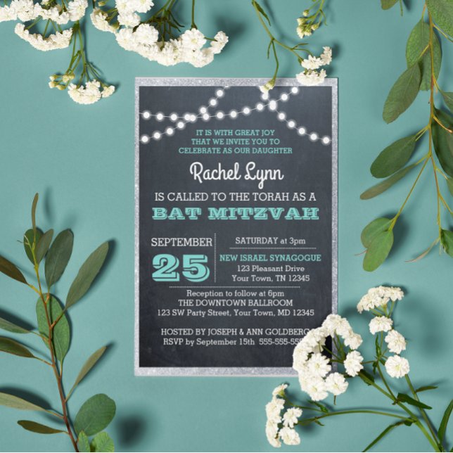 Convites Chalkboard Lights Teal Silver Border Bat Mitzvah (Criador carregado)