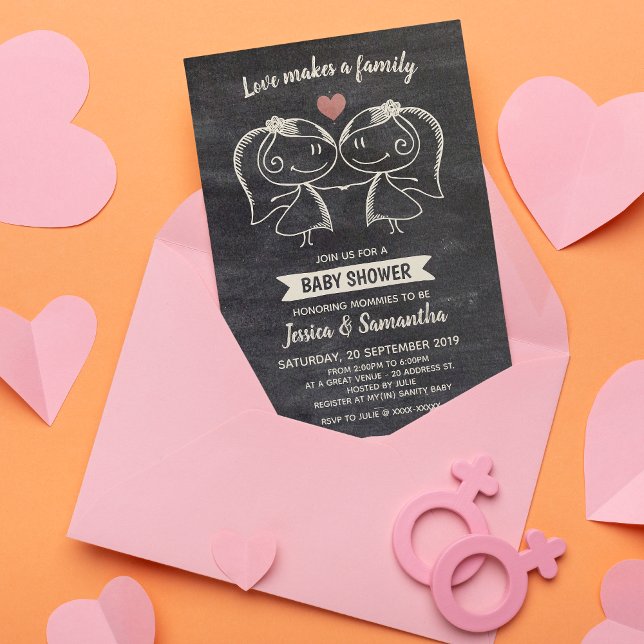 Convites Chalkboard Love faz um Chá de fraldas LGBT da famí (Designed for proud moms to be, this modern invitation will set the mood for your baby shower.)