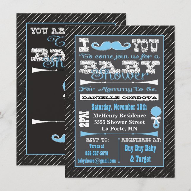 Convites Chalkboard Mustache Boy Baby Shower Invasores (Frente/Verso)