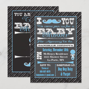 Convites Chalkboard Mustache Boy Baby Shower Invasores