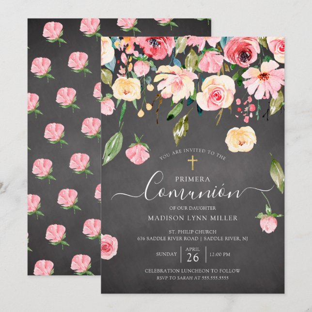 Convites Chalkboard Peonies Floral Espanhol Primeira Comuni (Frente/Verso)