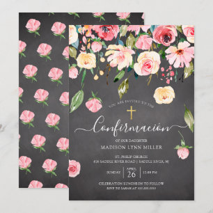 Convites Chalkboard Pink Peonies Rosa Confirmação Espanhola