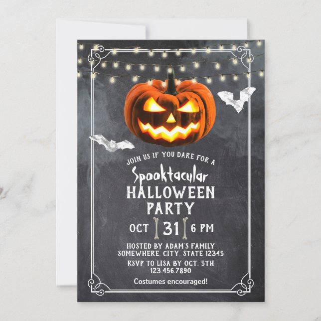 Convites Chalkboard Pumpkin Festa de Halloween Spooktacular (Frente)