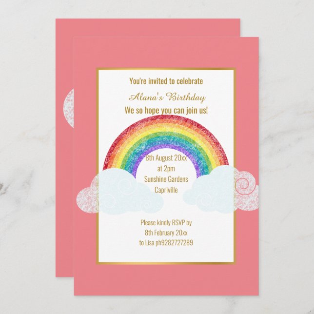 CONVITES CHALKBOARD RAINBOW CLOUD PINK ANIVERSÁRIO (Frente/Verso)