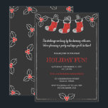 Convites Chalkboard Red n White Hang Stockings Natal<br><div class="desc">Meias de peneiração vermelha e branca e bagas ocas e folhas contra fundo preto de chalkboard. Um convite divertido de Natal. O convite pode ser facilmente personalizado para o seu evento adicionando os detalhes do seu evento, estilo da fonte, tamanho da fonte e cor e texto da sua escolha, clicando...</div>