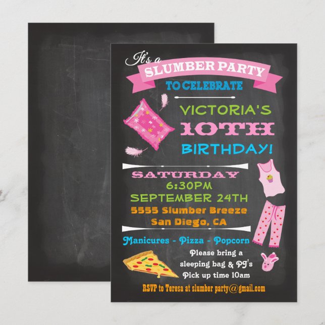 Convites Chalkboard Sleepover Slumber Party Spa Aniversário (Frente/Verso)