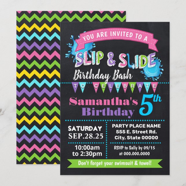 Convites Chalkboard Slip e slide aniversariante, festa rosa (Frente/Verso)