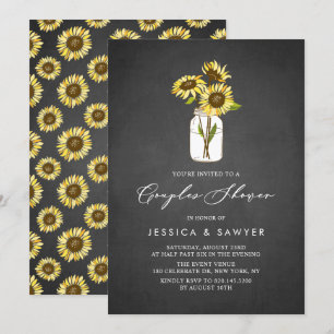 Convites Chalkboard Sunflower em Chá de Casais Mason Jar