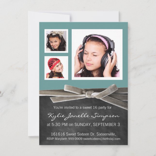 Convites Chalkboard Sweet 16 com 3 fotos (Frente)