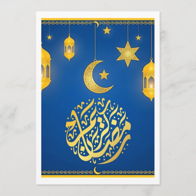 Convites Chamada Arábica Azul e Dourada Festiva do Ramadão  (Frente)