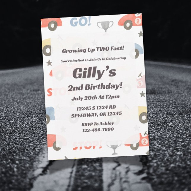 Convites Chamada de Aniversário de Carro Race "Duas Rápidas (Race car themed second birthday invitation design with Two Fast party elements.)