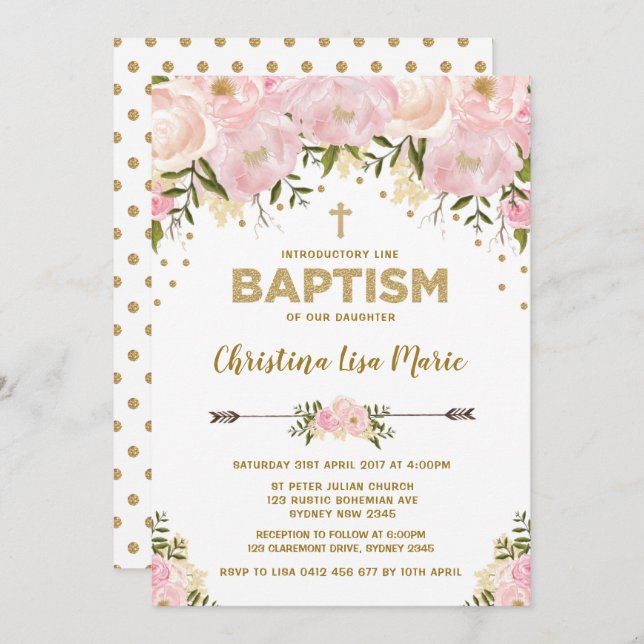 Convites Chamada de Batismo Floral Cor-de-Rosa Esbranquiçad (Frente/Verso)