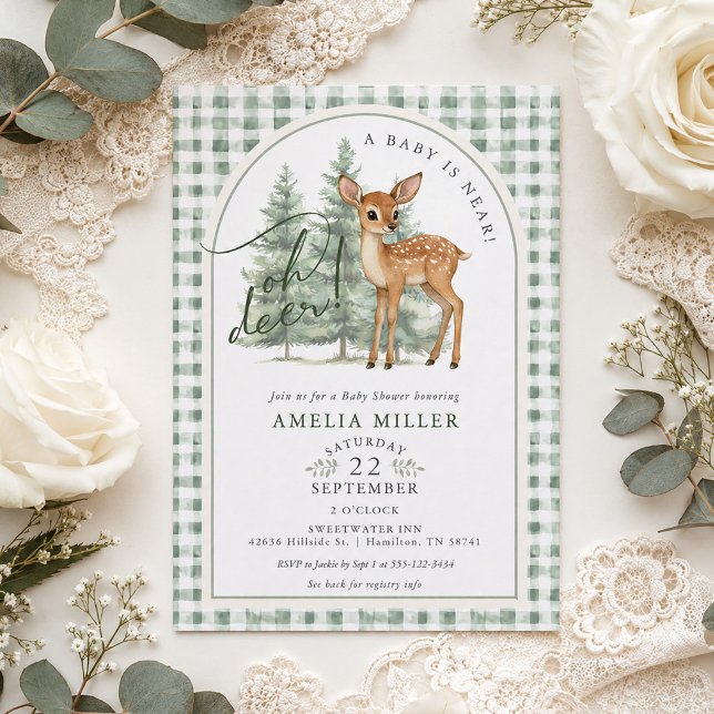Convites Chamada de Bebê Xadrez Verde Neutro em Gênero Oh D (Oh Deer Gender Neutral Green Gingham Baby Shower Invitation)