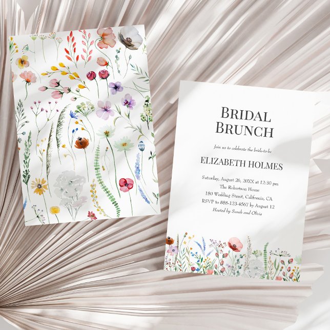 Convites Chamada de Bridal Bridal Brunch de Watercolor (Watercolor Wildflowers Bridal Brunch Invitation on a sunny neutral dry palm leaf.)