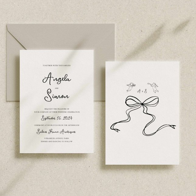 Convites Chamada de Casamento de Cherub, Arco desenhado à m (hand drawn wedding invitation, bow cherub illustrated, hand written destination wedding invitation)