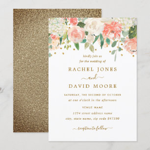 Convites Chamada de Casamento Floral Russo Dourado Pessegue