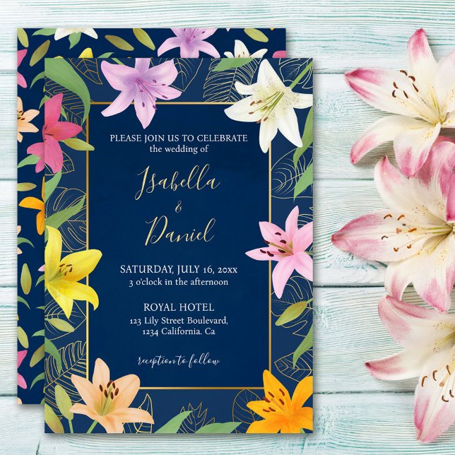 Convites Chamada de Casamento Lily Tropical Azul e Dourada (Blue Teal & Gold Tropical Lily Wedding Invitation)