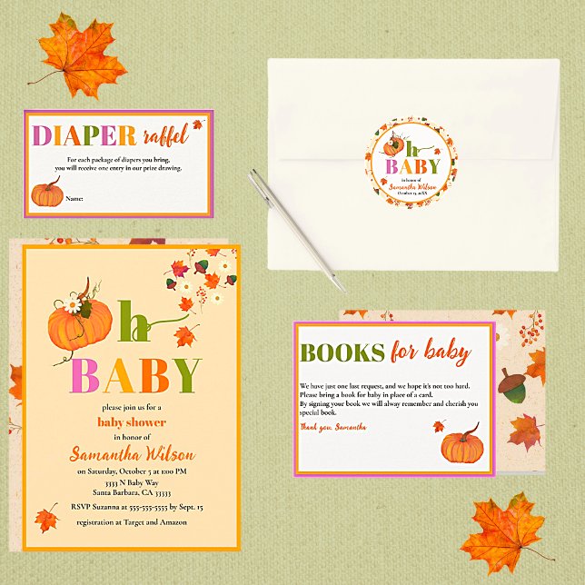 Convites Chamada de Chá de fraldas das flores de abóbora (Fall Pumpkin Baby Shower Collection. Easy to personalize.)