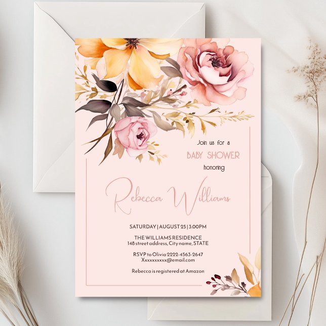 Convites Chamada de chuveiro de menina cor-de-rosa com reve (Blush pink and peach peonies watercolor girl baby shower invitation )