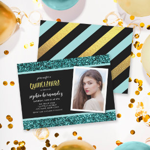 Convites Chamada de Quinceanera com Glitter Teal