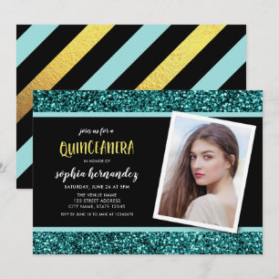Convites Chamada de Quinceanera com Glitter Teal