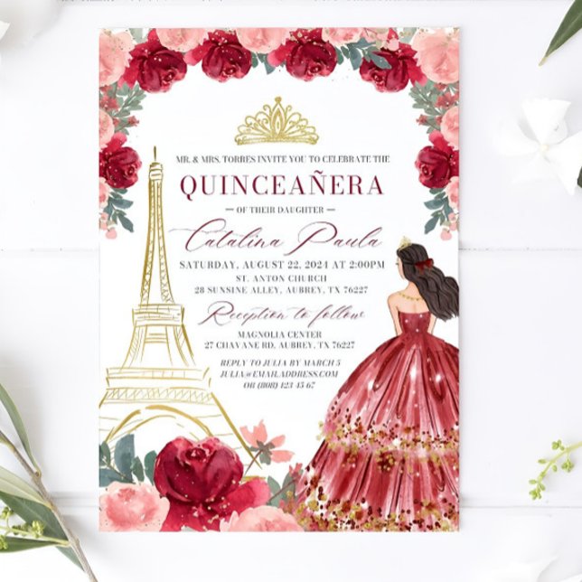Convites Chamada De Quinceanera Floral Burgundy Blush, Verm (Criador carregado)