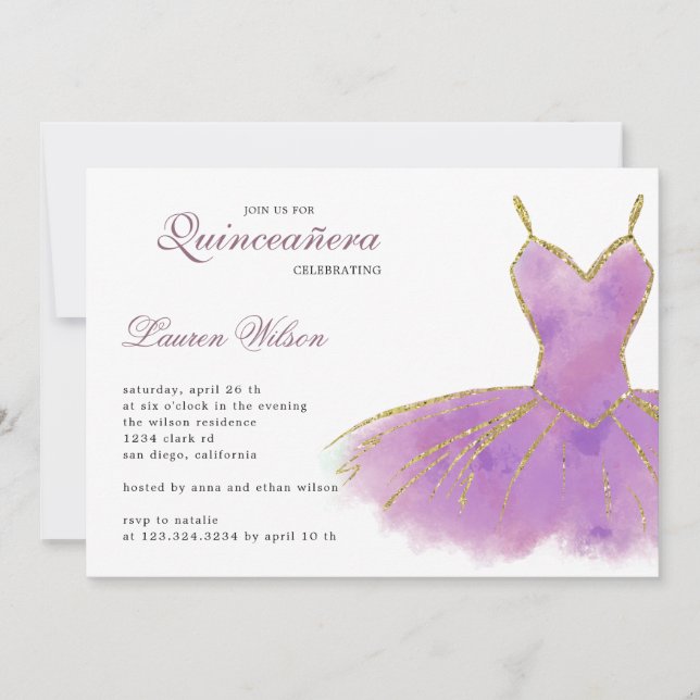 Convites Chamada de Quinceanera Glitter Roxo (Frente)