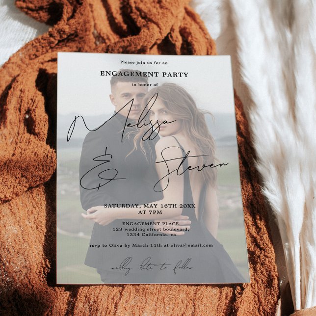 Convites Chamada de script Nomes - fotografia de noivado pr (Names script calligraphy black engagement photo invitation)