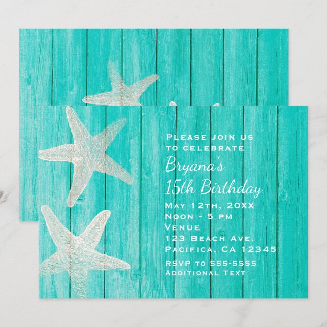 Convites Chamada Elegante Teal Wood & Starfish Beach (Frente/Verso)