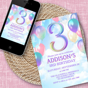 Convites Chamada Girls aniversário de 3 anos Rainbow Balloo