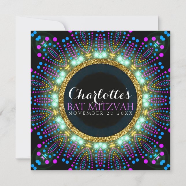 Convites Chamada Groovy Blacklight Bat Mitzvah (Frente)