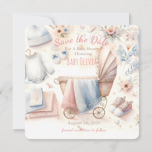 Convites Chamada Para Chuvinha de Bebê Pastel Salve A Data (Frente)