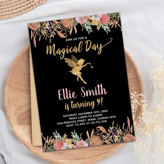 Convites Chamadas de Aniversário de Fada Floral Preta (Black Glitter Floral Fairy Birthday Invitations)