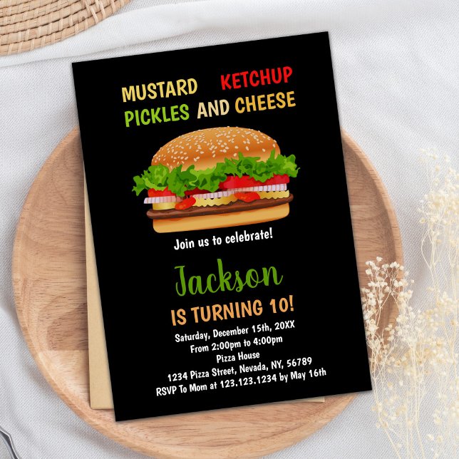 Convites Chamadas de aniversário do Burger Black Red Green (Black Red Green Burger Birthday Invitations)
