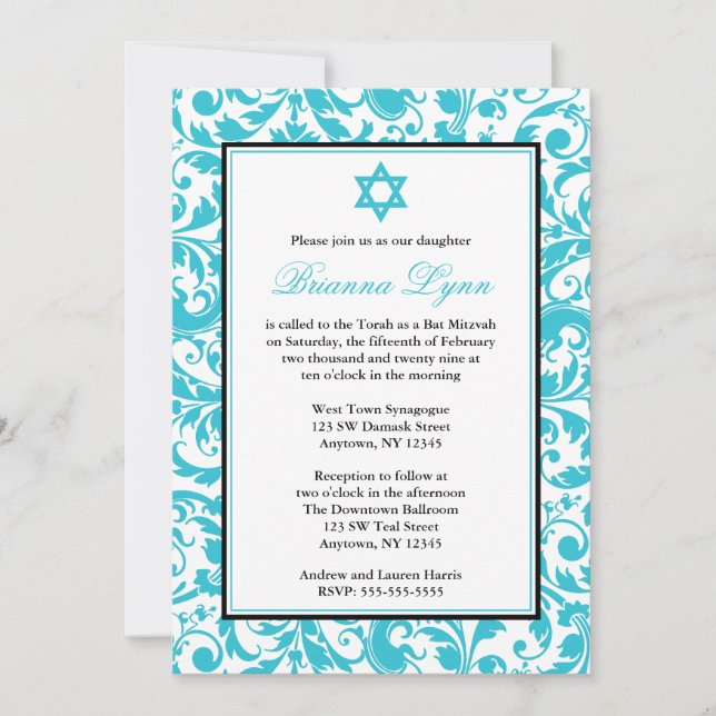 Convites Chamadas de Bat Mitzvah para Damasco Azul Teal (Frente)