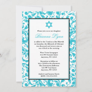 Convites Chamadas de Bat Mitzvah para Damasco Azul Teal