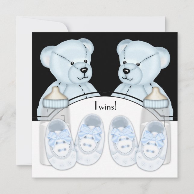 Convites Chamadas de Bebê-Bebê Blue Teddy Bear Twin Boys (Frente)