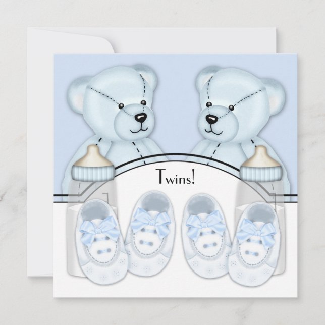 Convites Chamadas de Bebê-Bebê Blue Teddy Bear Twin Boys (Frente)