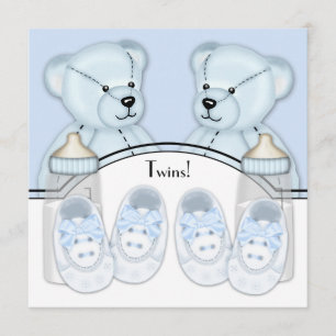 Convites Chamadas de Bebê-Bebê Blue Teddy Bear Twin Boys
