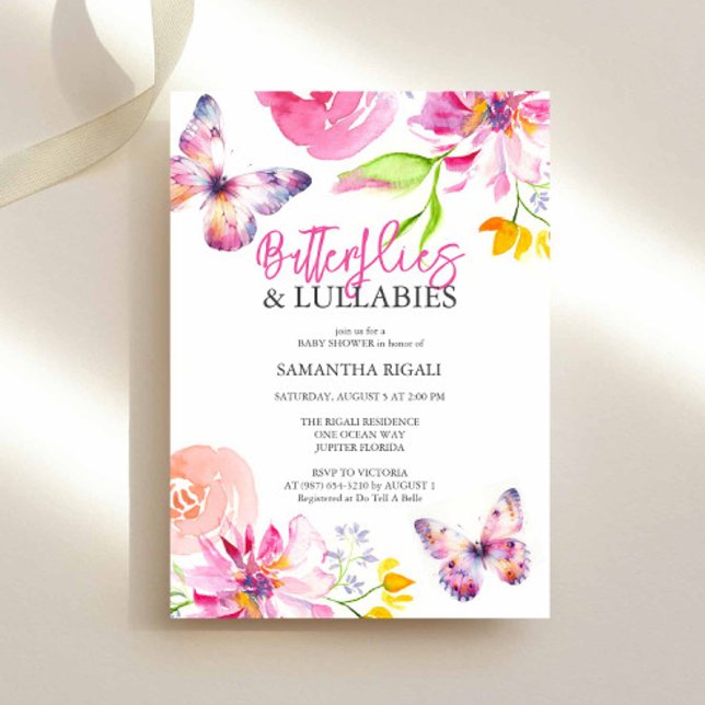Convites Chamadas de Bebê-Bebê-Borboleta (Butterfly babyshower invitations in pink, lavender and peach by Victoria Grigaliunas Do Tell A Belle)