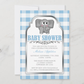 Convites Chamadas de Bebê Gingham Blue Elephant