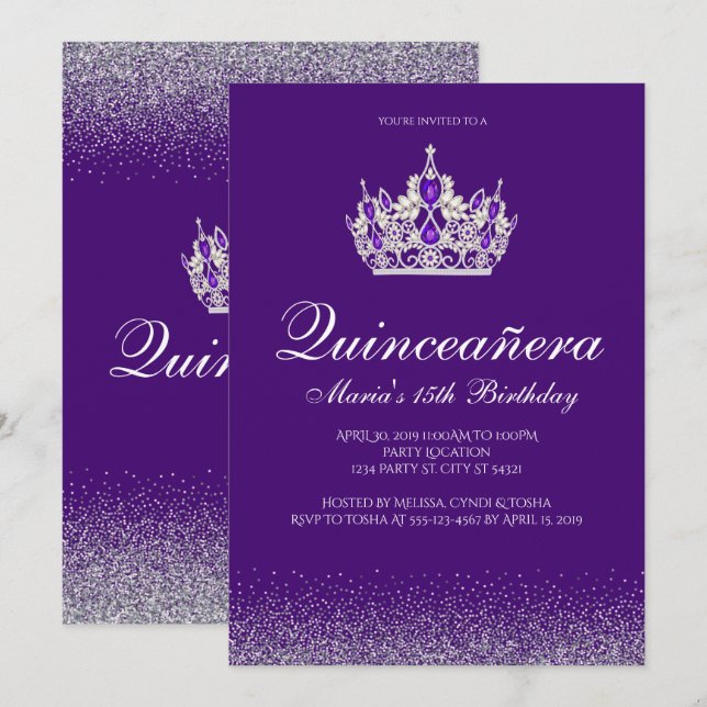 Convites Chamadas de Quinceanera com Glitter Roxo (Frente/Verso)